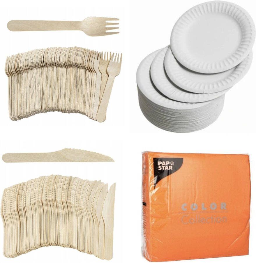 400 x Houten wegwerp bestek set bio eco milieubewust 100 Vorken 100 messen 100 witte borden + 100 bio servetten oranje 33x33cm