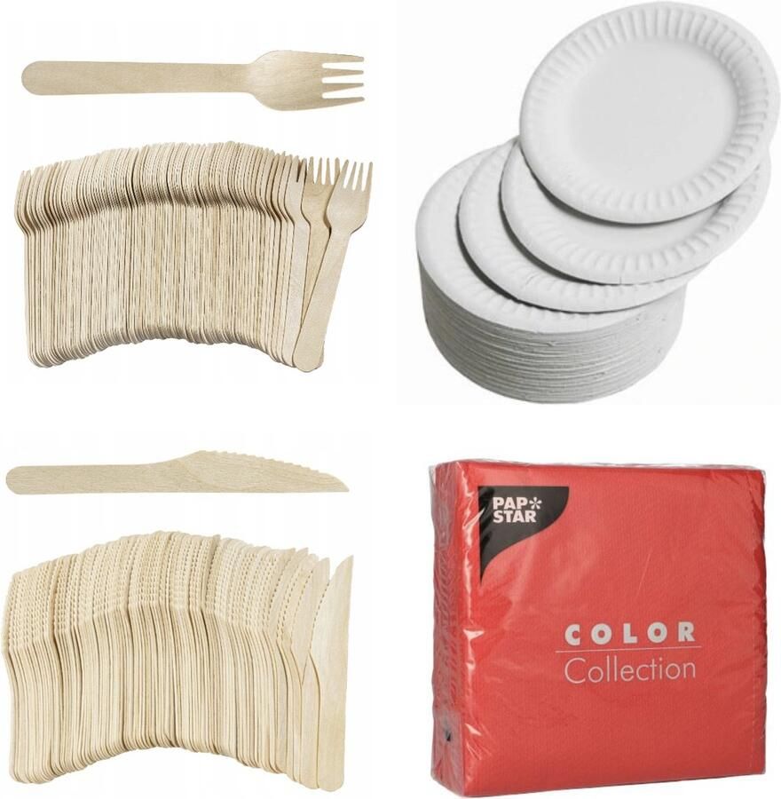 400 x Houten wegwerp bestek set bio eco milieubewust 100 Vorken 100 messen 100 witte borden + 100 bio servetten rood 33x33cm