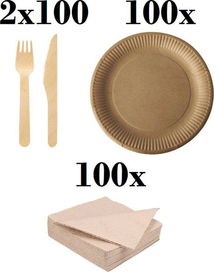 400 x stuks x Houten wegwerp bestek set bio eco milieubewust 100 Vorken 100 messen 100 borden + 100 bio servetten 33x33cm