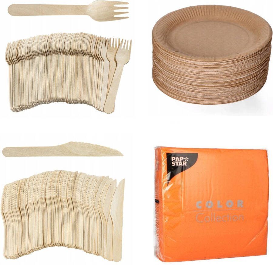 400 x stuks x Houten wegwerp bestek set bio eco milieubewust 100 Vorken 100 messen 100 borden + 100 bio servetten oranje 33x33cm