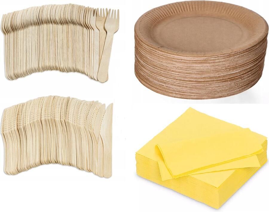 400 x stuks x Houten wegwerp bestek set bio eco milieubewust 100 Vorken 100 messen 100 borden + 100 bio servetten geel 33x33cm