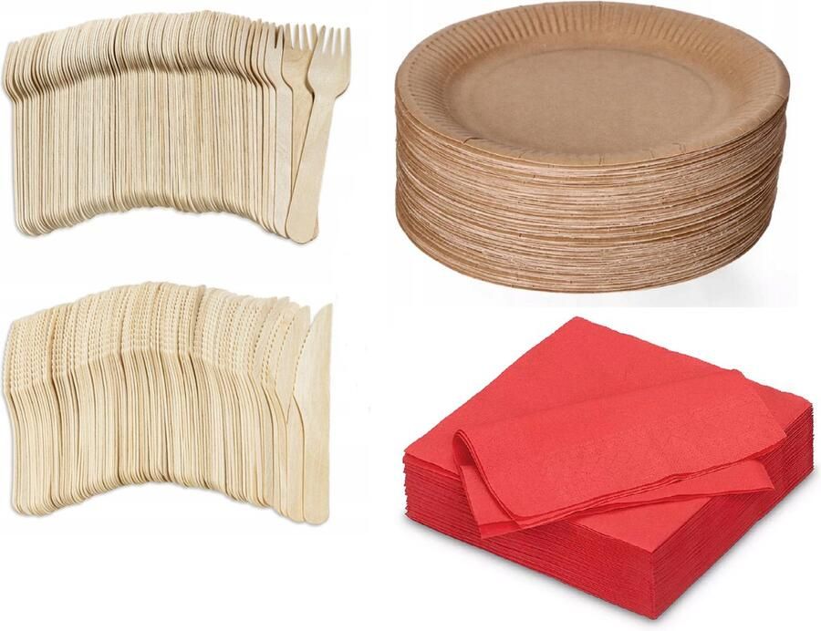 400 x stuks x Houten wegwerp bestek set bio eco milieubewust 100 Vorken 100 messen 100 borden + 100 bio servetten rood 33x33cm