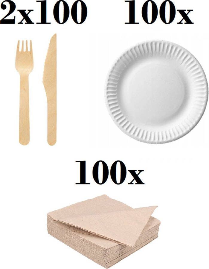 400 x stuks x Houten wegwerp bestek set bio eco milieubewust FSC 100 Vorken 100 messen 100 borden 23cm wit+ 100 bio servetten 33x33cm Ecolabel
