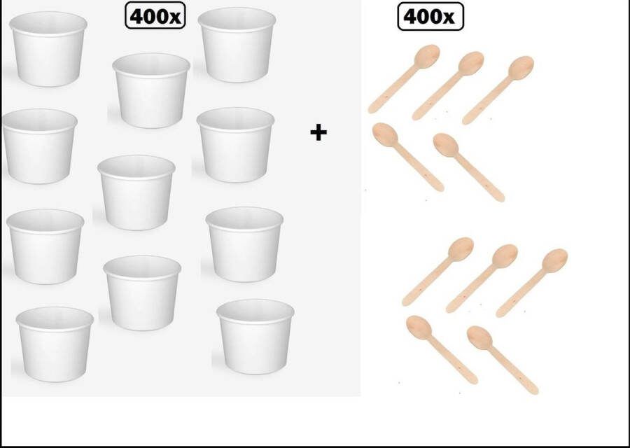 400x Soepbeker wit karton 250ml + houten lepels Soep salade beker festival warme dranken maaltijd carnaval