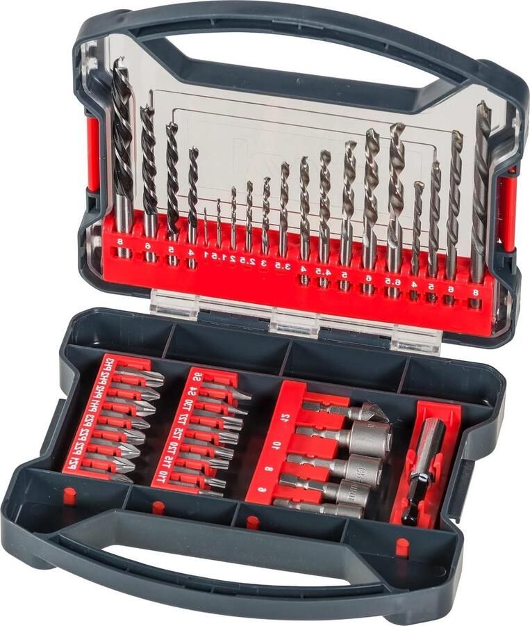 41-delige boor- en bitset bits dopsleutels steenboren houtboren metaalboren robuuste doos draaggreep Power-Box