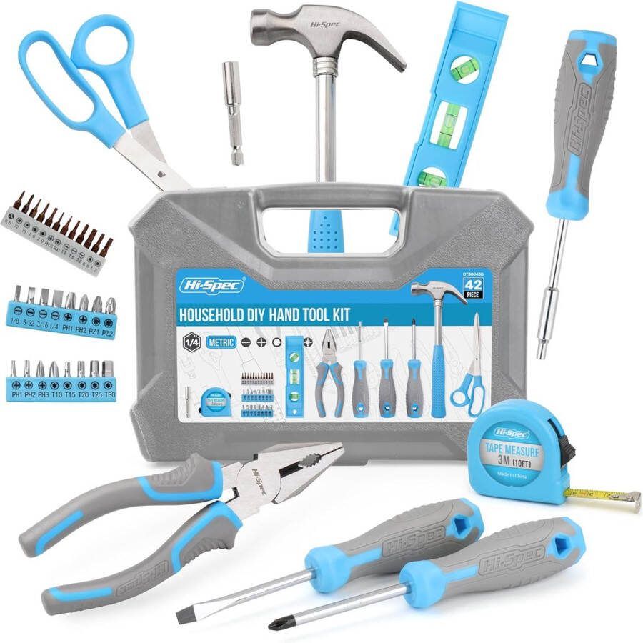 42-Delige Blauw Gereedschapsset voor het Huishouden in Koffer met Karabijnhaak Sleutelhanger & Mini Flesopener Algemene Handgereedschap voor Doe-het-zelf Reparaties
