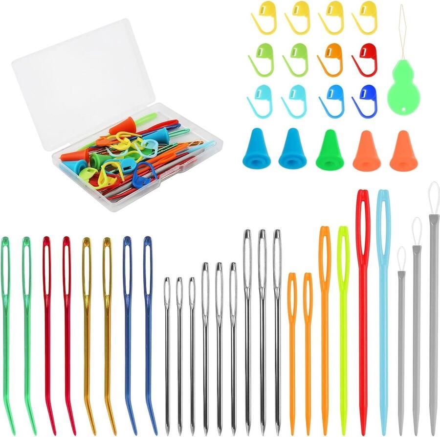 42 Stuks garennaaldenset haaknaalden Kleurrijke breimarkers RVS stompe naalden Wolnaald Tapijtnaald voor handsteek DIY ambachten Naalden met Oog Set Breinaalden Stopnaalden Gebogen Naald Multicolor