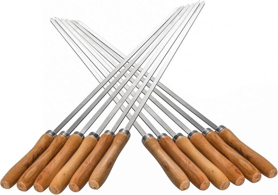 42cm Platte Kebab Spiesjes RVS Houten Handvat BBQ Spiesjes Grillen Set van 12