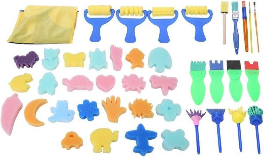 42pcs Mini DIY Sponge Painting Kits for Kids Early Learning Paint Set for Toddlers with Brush Seal Pen Smock Apron