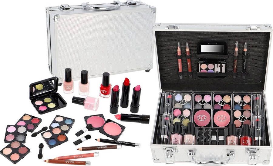 Make-Up Organizer Make-Up Koffer 43 Delig Incl Inhoud Slot en Spiegel Vegan Zilver Beauty Case