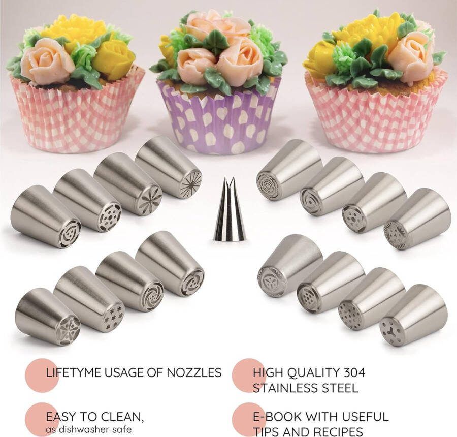 43-delige set spuitmonden: 16 grote Russische spuitmonden 1 opzetstuk voor bladeren adapter 20 wegwerpspuitzakken siliconen spuitzak. Professionele bakset voor cake cupcake-decoratie (bloemen II)