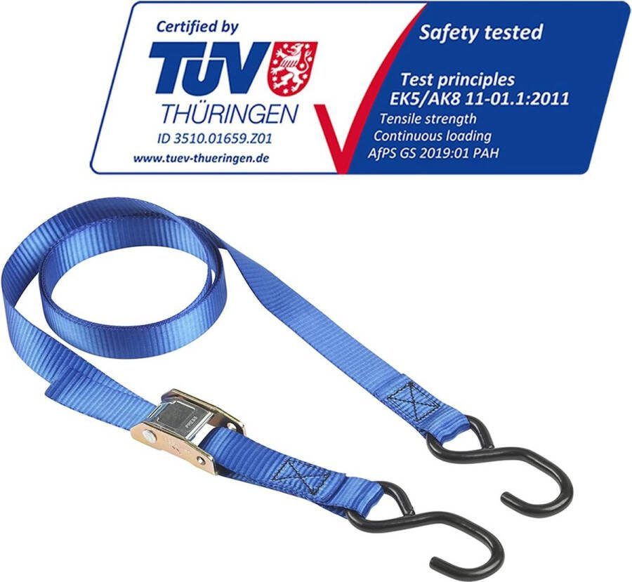 4368EURDAT Gecertificeerde Spanband met gesp en S-haak Blauw 2 m x 25 mm Banden Set van 2