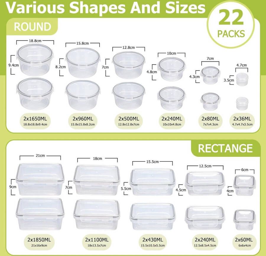 44 stuks voorraaddozen met deksel (22 containers 22 deksels) BPA-vrije vershouddozen van kunststof voor keukenkast organizer en -opslag met gratis etiketten en pen