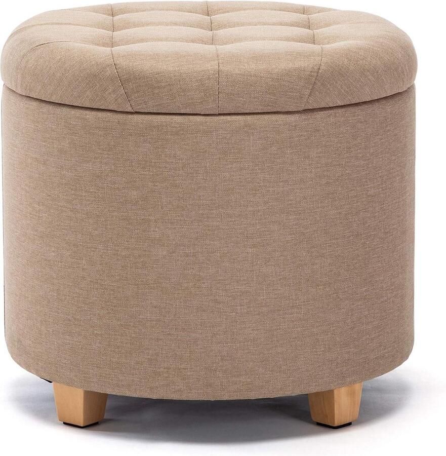 45 cm ronde linnen Ottomaanse opbergkruk met gewatteerde zitting Beige voetenbank poef stoel met deksel