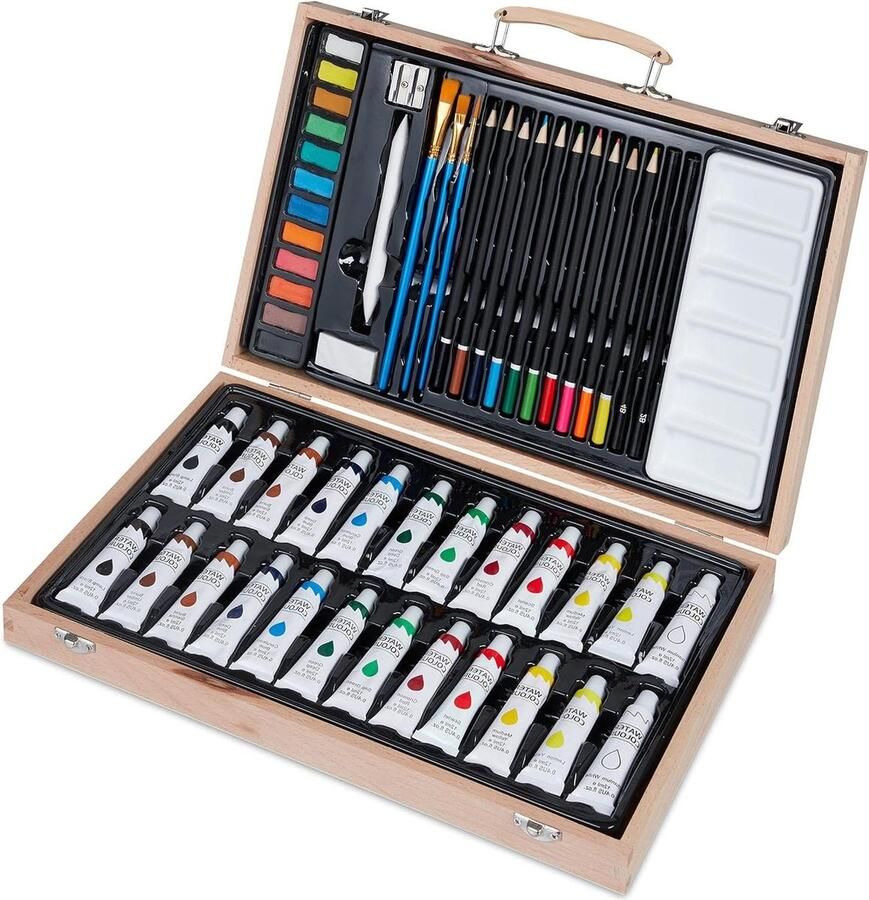 45-delig tekenset met aquarelverf potloden kleurpotloden gum etc. tekendoos van houtnatuur Tekendoos