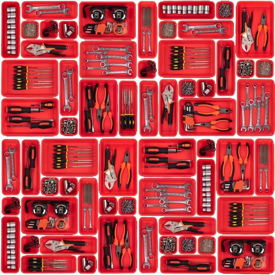 45-Delige Gereedschapskist Organizer Set Kleur Rood Multifunctionele Ladeverdelers en Opbergbakken voor Werkplaats Garage en Hobbyruimte