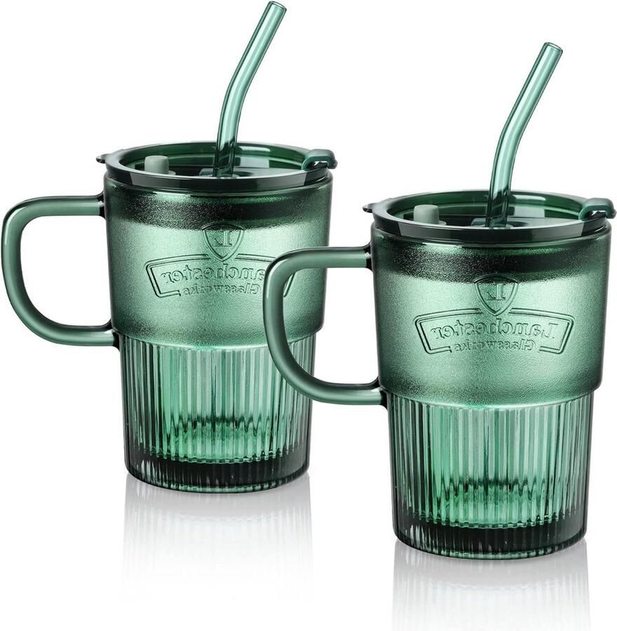 450ml Set van 2 Groene Glazen Drinkbeker met Deksel Handvat voor ijskoffie milkshakes Vaatwasmachinebestendig Bier sappen smoothies