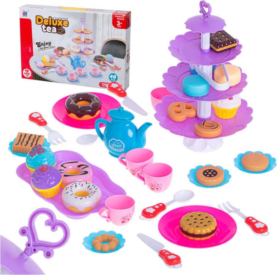 46-delige speelgoed servies high tea set met gebak etagère en bestek kunststof Koffieservies theeset taarten cupcakes