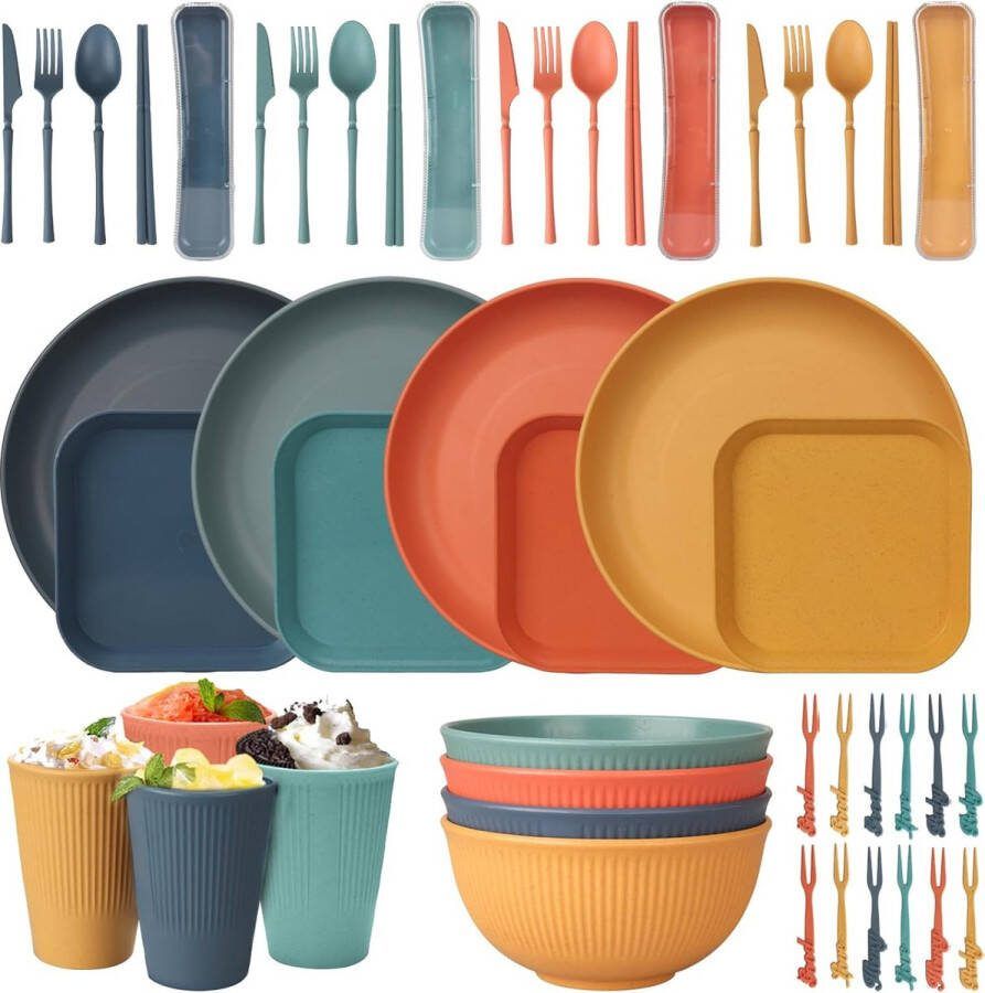 48-delige onbreekbare servieset voor 4 personen Camping Picknick dinerset Lichtgewicht en kleurrijk BBQ servies met kunststof borden kommen kopjes en bestekset