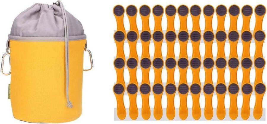 48 gele wasknijpers roestvrij stalen veren BellaCott design katoenen wasknijperzak zonbescherming Wasknijperzak
