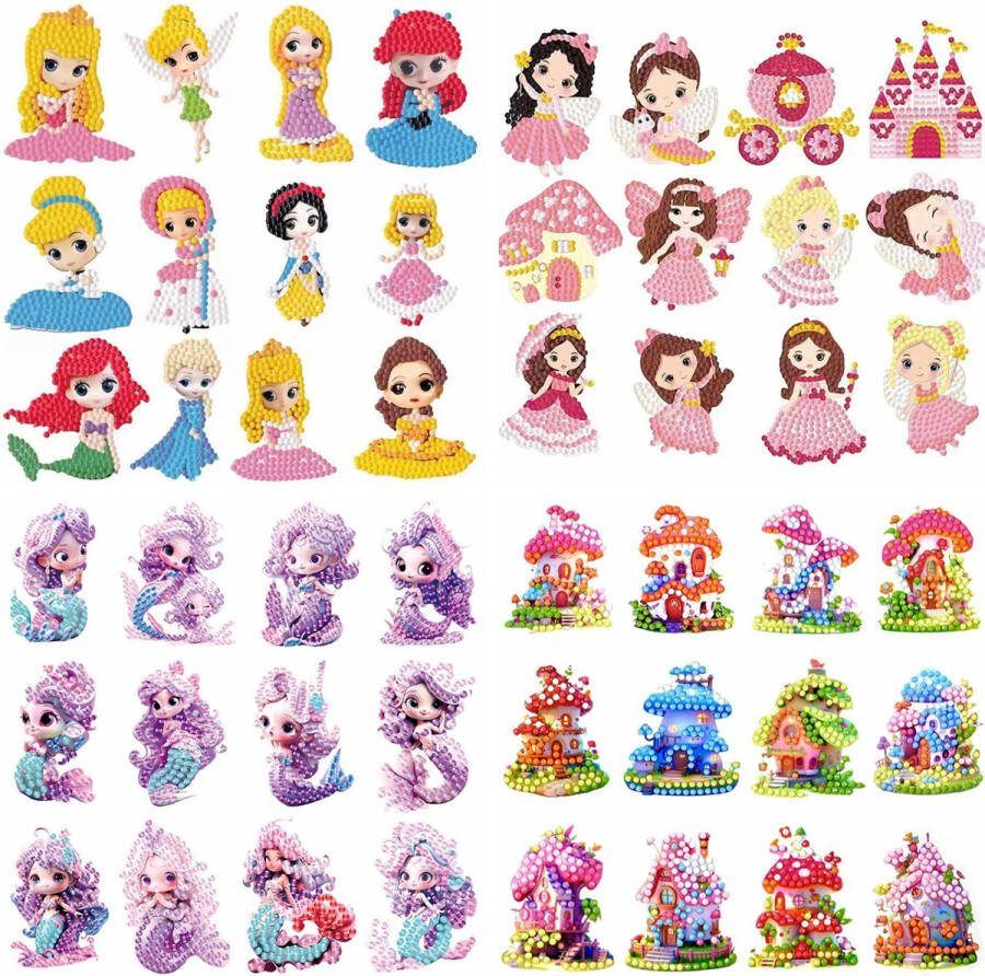 48 PCS Diamond Painting Kit DIY Diamond Sticker Kit voor kinderen Diamantschilderij Kinderpatroon Zeemeermin-Prinses Kasteel-Paddestoel Huis Mozaïek Foto