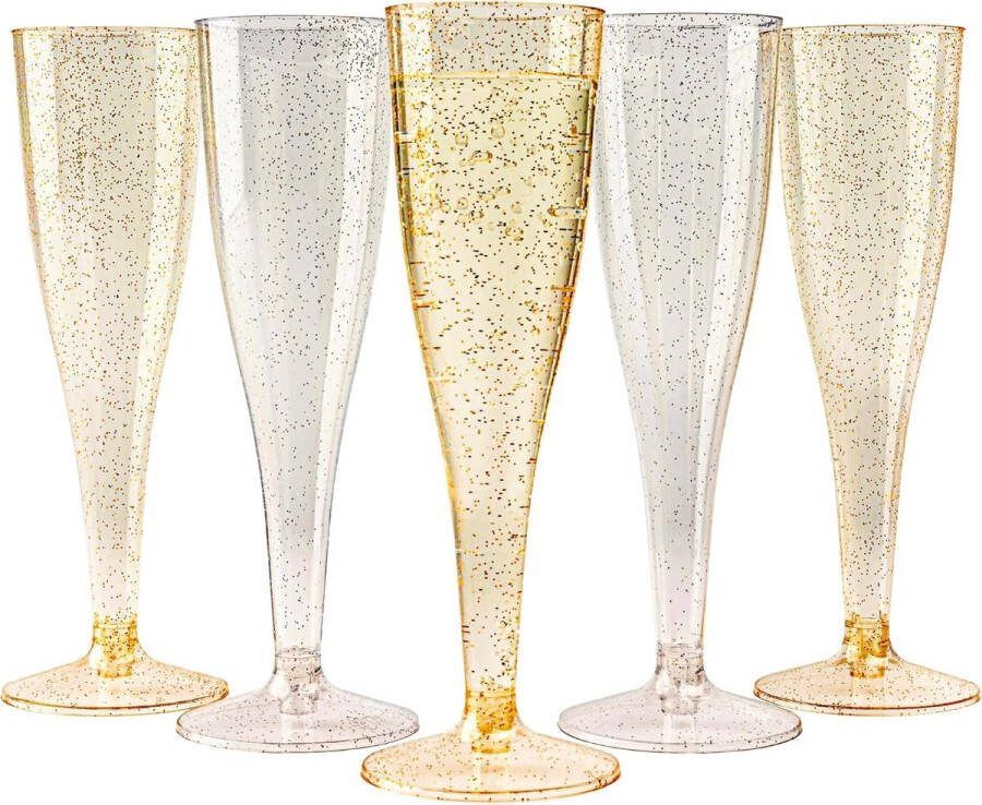 48 Plastic Champagneglazen med Gouden en Zilveren Glitter voor Bruiloften Verjaardagen Kerst & Feesten 133ml Elegant Stevig & Herbruikbaar