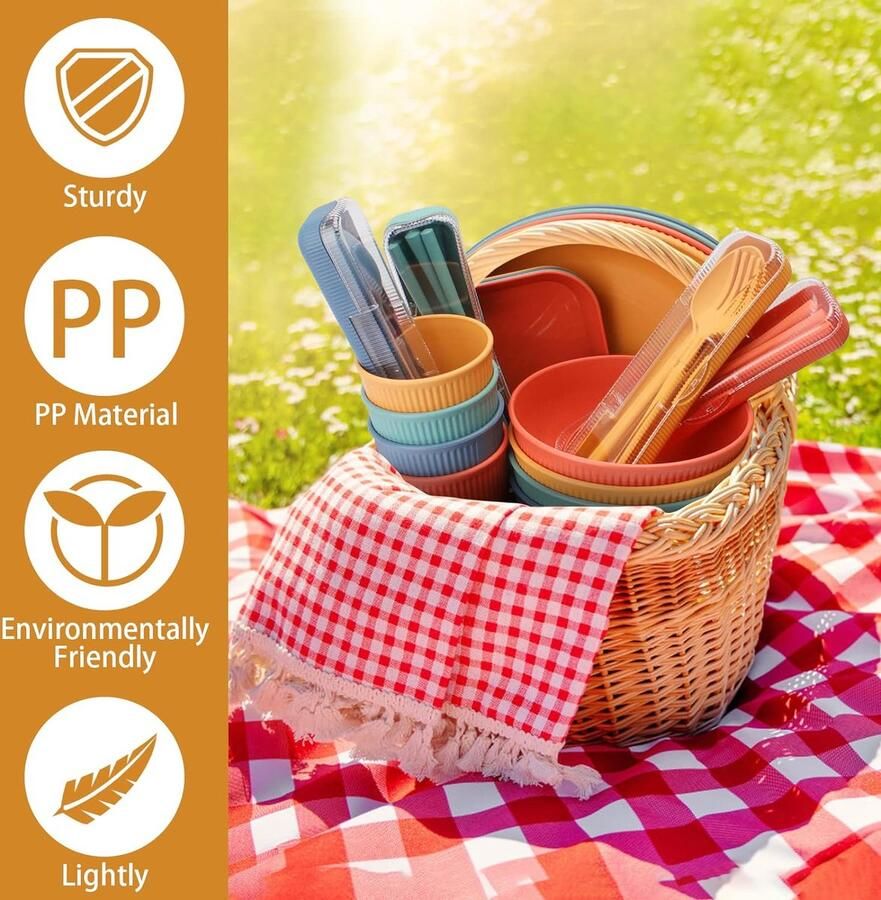 48 stuks campingservies plastic onbreekbare serviesset voor 4 personen met borden dessertborden kommen kopjes bestek fruitvork BPA-vrij serviesset licht voor kinderen en volwassenen