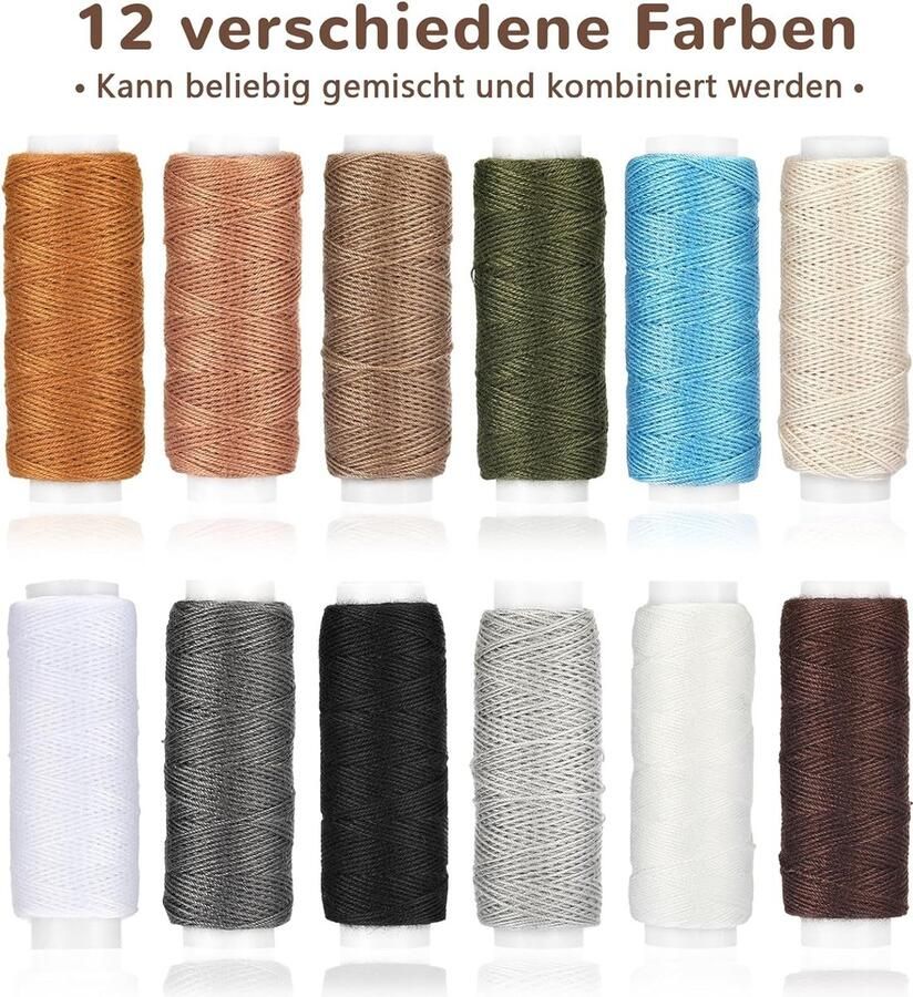 48 stuks leren naaiset leren gereedschapsset met 12 kleuren naaigaren en uitwerpen naaignaalden pinnen en naaiverwijderaar multifunctionele doe-het-zelf leernaaiset