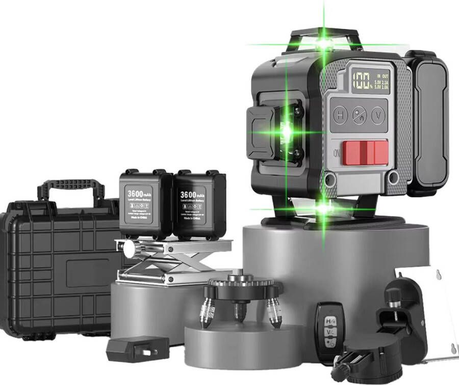 4D Kruislijnlaser Incl draagkoffer 4 tot 16 lijnen Zelfnivellerend 50 meter bereik Met 2 batterijen 360° Schakelbaar horizontaal & verticaal Lijnlaser Kruislaser Bouwlaser