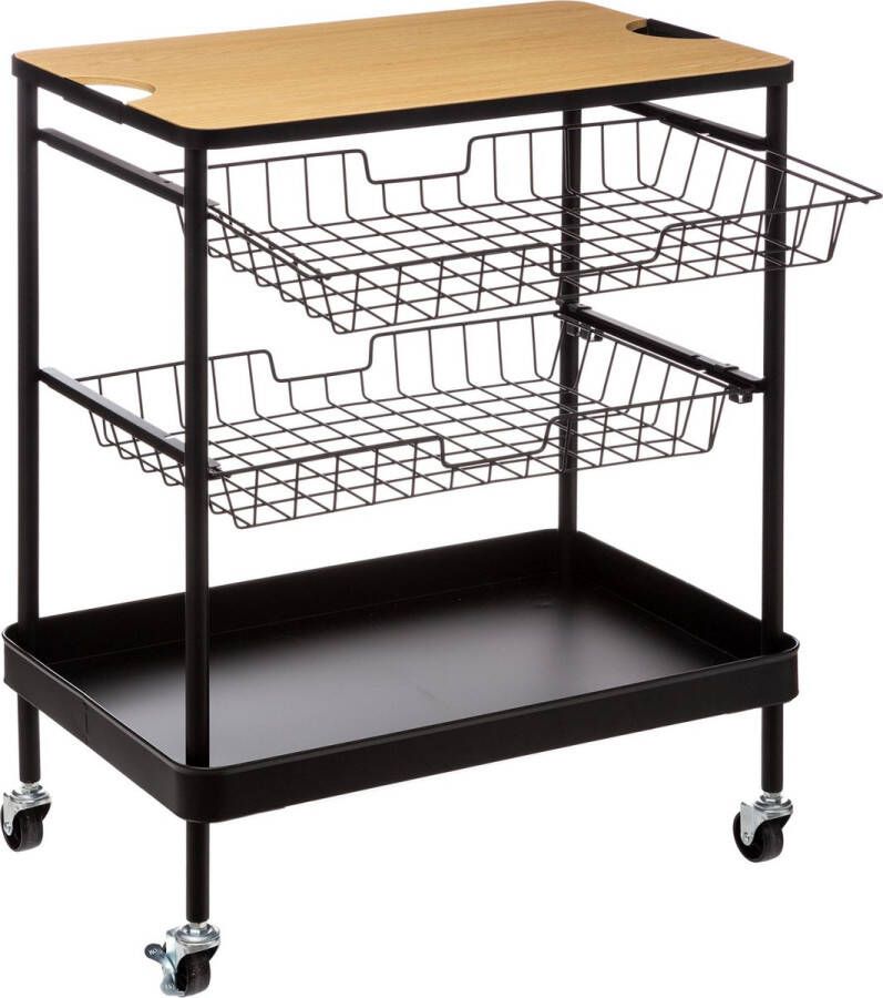 4Goodz Serveerwagen met 3 opbergvakken en plateau 40x60x79 cm Zwart