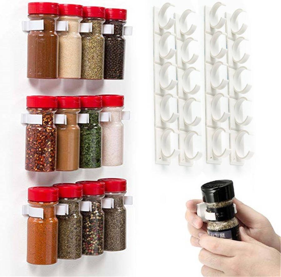 4pc Kruidenopbergrek Universele Kruidenpot Clip Kruidenclipstrips voor kastdeuren Organisator voor specerijen Kruidenrek voor 20 kruidenpotjes 3M zelfklevende grijperclipstrips in wit voor voorraadkast
