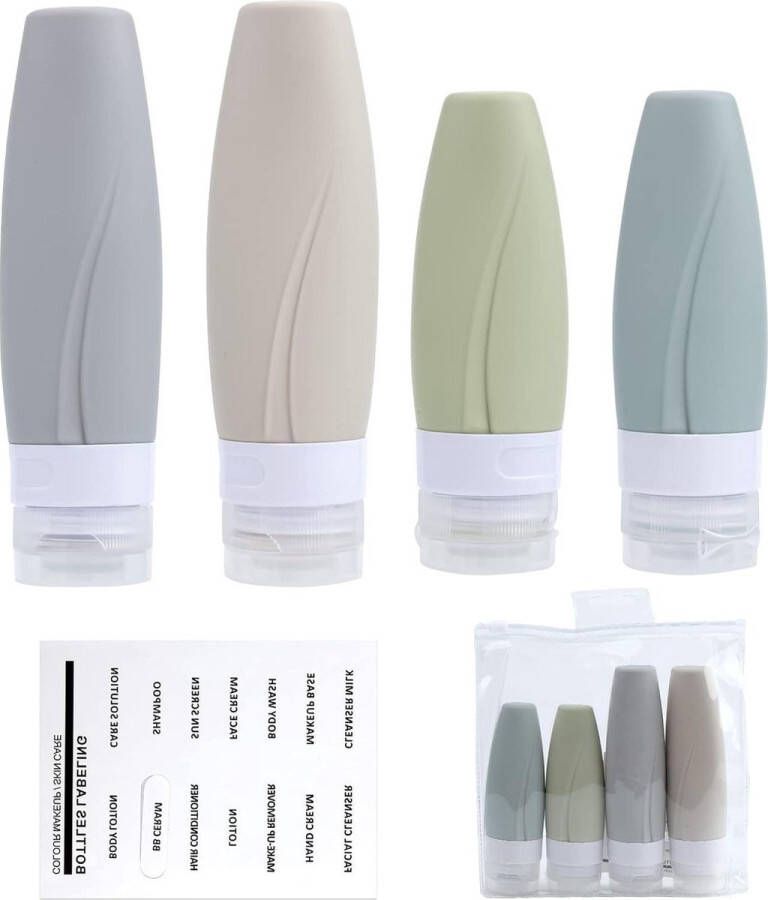 4st Siliconen Reisverpakkingen met Labels Container Reisflesjes Set voor Dames en Heren Ideaal voor Lotions Shampoo Zonnebrandcrème Gezichtscrème HTML Content reisflesjes 100ml