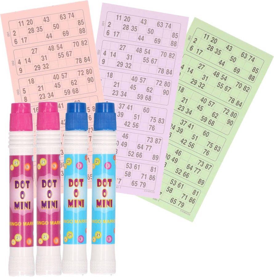 4x Bingostiften markeerstiften 2x stuks in de kleuren blauw paars met 100x papieren bingokaarten van 1-90