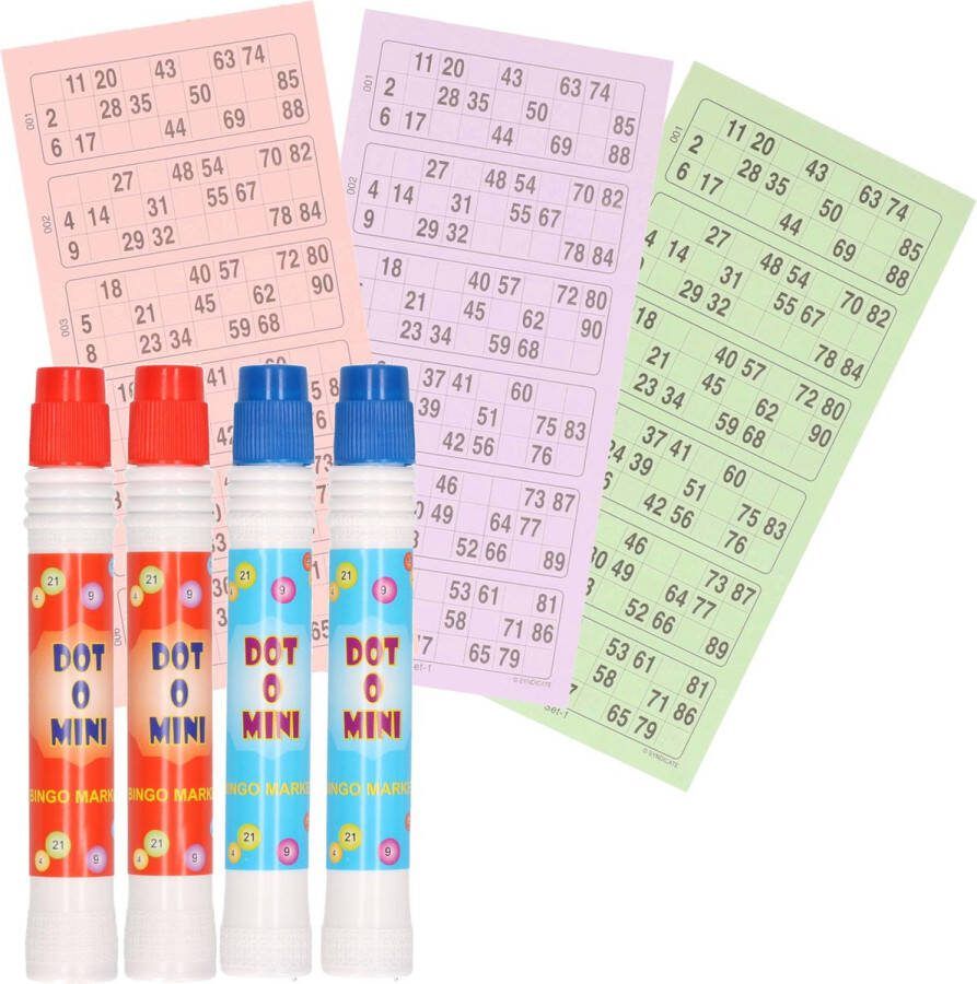 Merkloos Sans marque 4x Bingostiften markeerstiften 2x stuks in de kleuren blauw rood met 200 papieren bingokaarten van 1-90