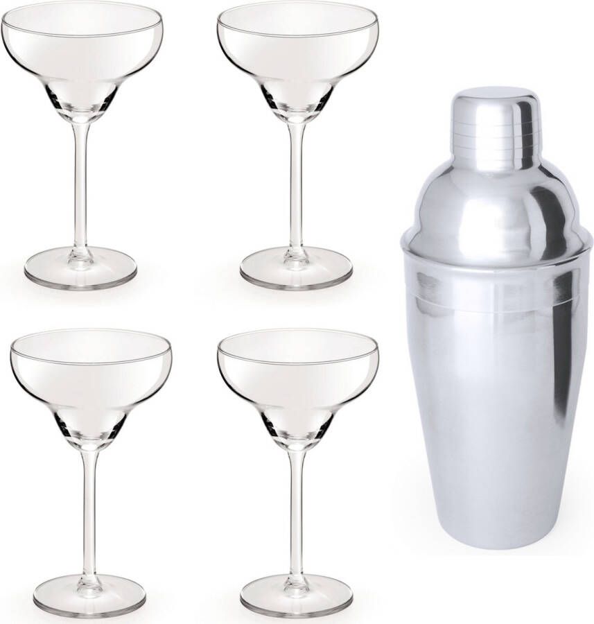 Merkloos Sans marque 4x Cocktailglazen Margarita glazen transparant 300 ml + Cocktailshaker semi-matte 550 ml RVS Cocktails maken Mix shake bekers