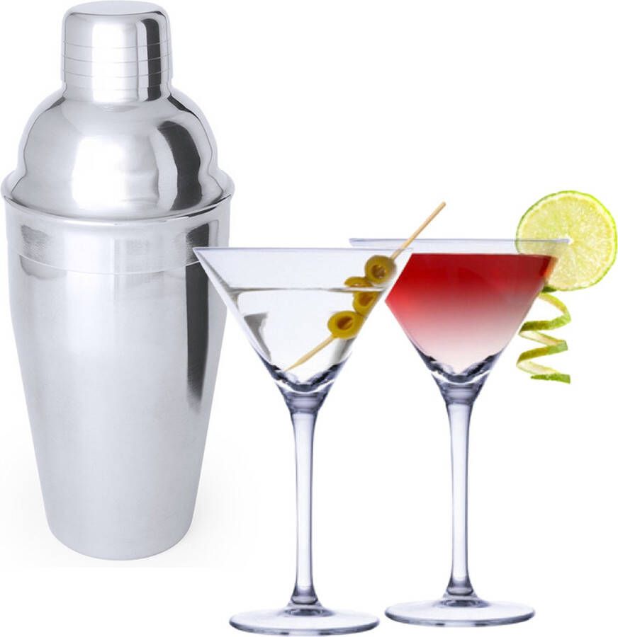 Merkloos 4x Cocktailglazen martiniglazen 220 ml + cocktailshaker 550 ml RVS Cocktailglazen