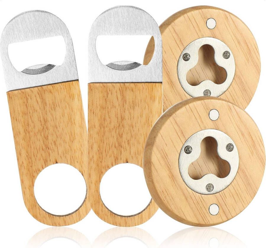 4x flesopener van roestvrij staal met een praktisch handvat van natuurlijk hout flesopener in een eenvoudig ontwerp (04 stuks hout. Roestvrij staal. 2x plat. 2x rond)