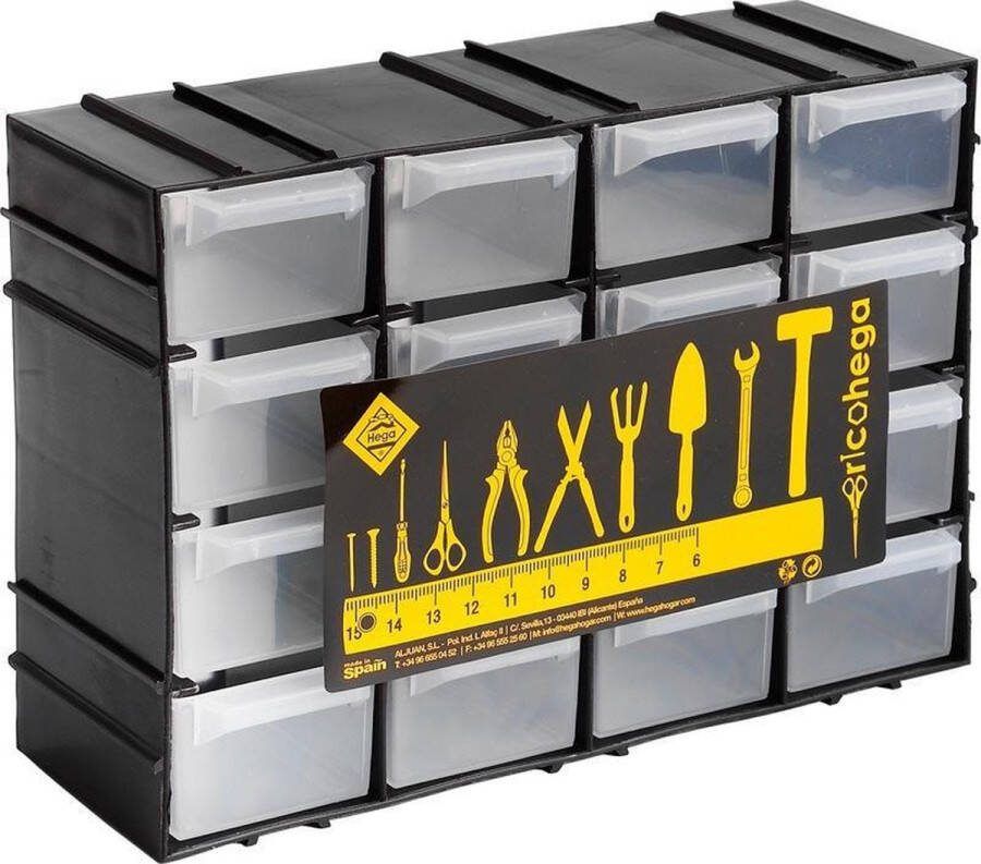 Hega hogar 4x Gereedschap opbergkastjes assortimentskastjes 16-lades 22 x 8 x 15 cm Spijkers en schroeven sorteer lade kasten