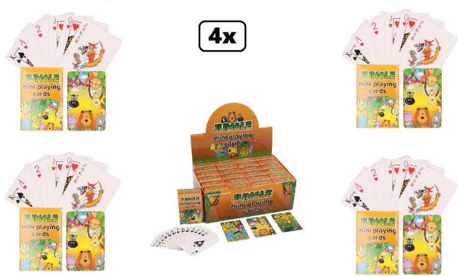 4x Mini speelkaarten set jungle dieren 6cm x 4cm x 1.5cm Speelkaart leeuw olifant aap spel kaarten