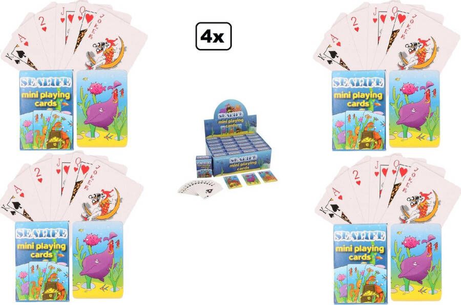 4x Mini speelkaarten set zee dieren 6cm x 4cm x 1.5cm Speelkaart vis inktvis haai spel kaarten