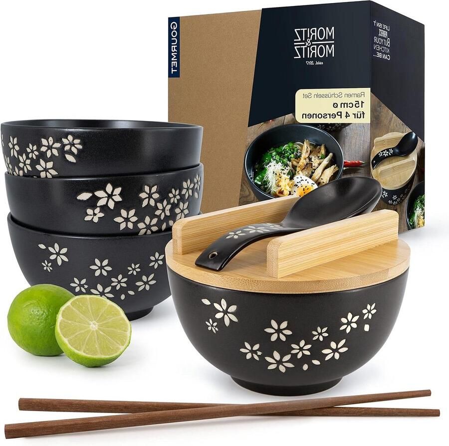 4x Ramen kom keramiek 600 ml 15 cm Ø Zwarte Bowl Set voor 4 personen Voor soep Pho en Sushi Incl. staafjes deksel en lepel
