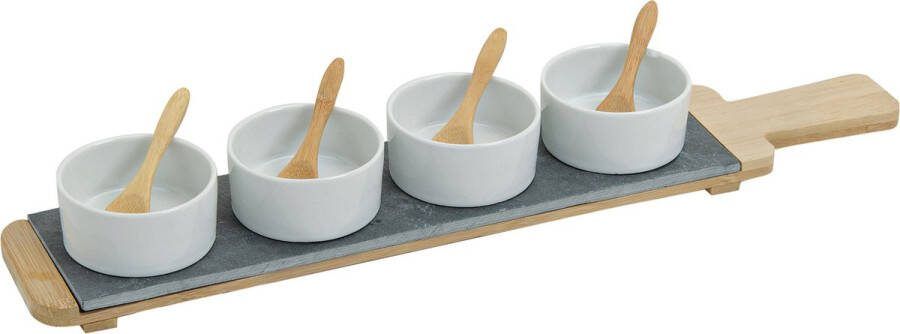Merkloos 4x Snackschaaltjes sausschaaltjes wit porselein rond 7 cm op serveerplank Snack en tapasschalen