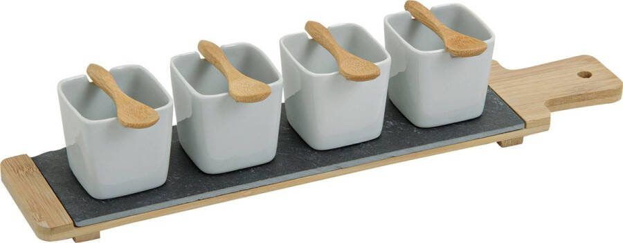 Merkloos 4x Snackschaaltjes sausschaaltjes wit porselein vierkant 7 cm op serveerplank Snack en tapasschalen