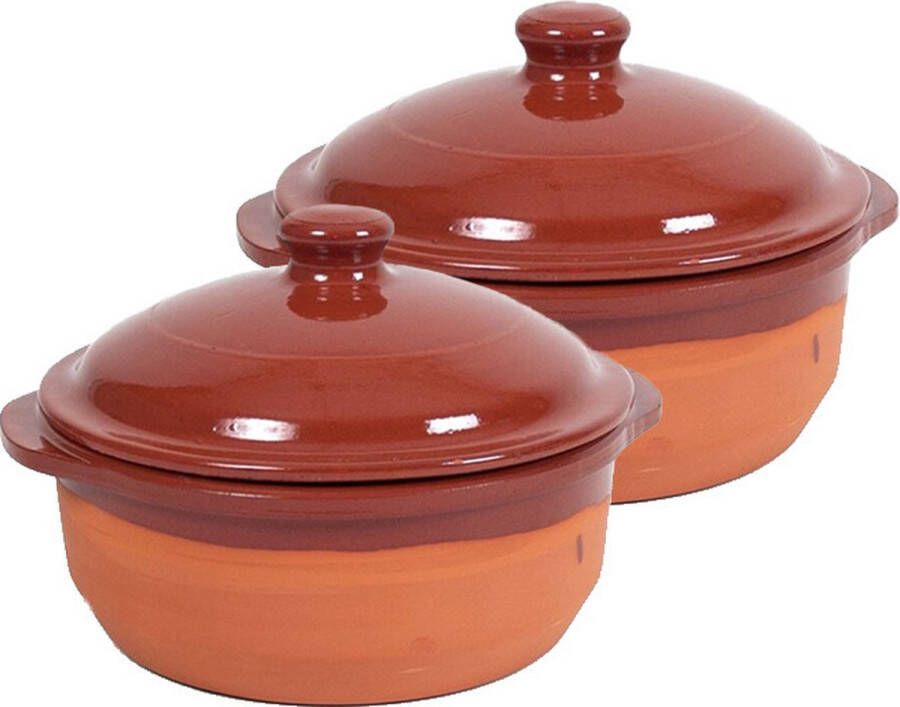 Merkloos Sans marque 4x Stenen ovenschalen met deksel bruin 20 cm Terracotta ovenschalen braadpannen pannetjes voor 1 persoon