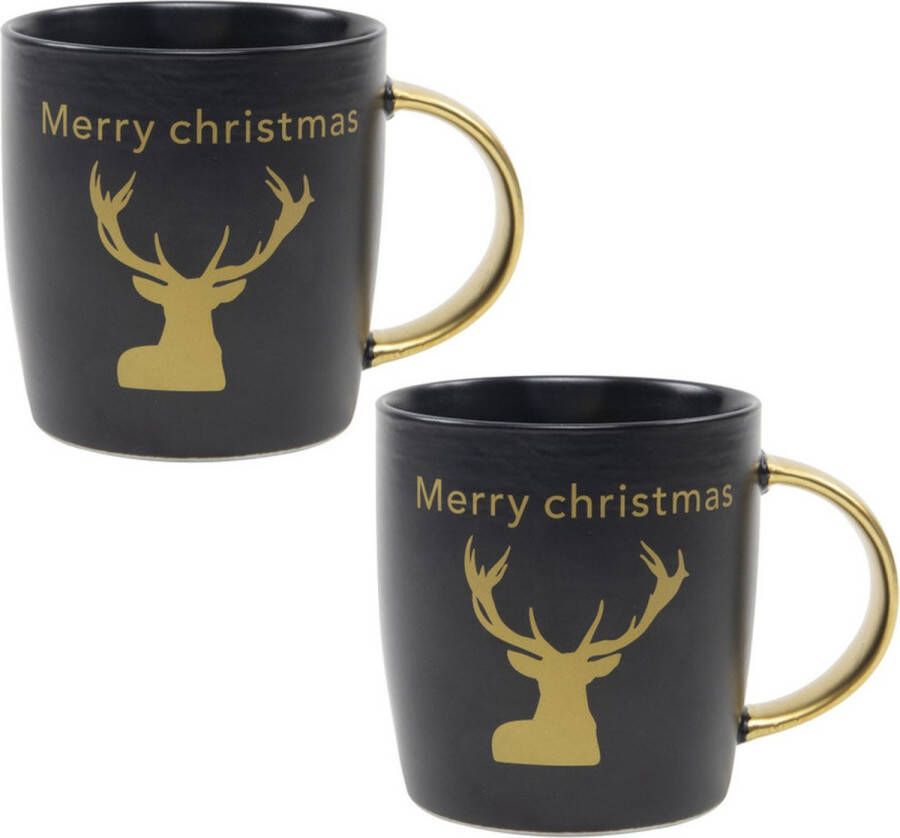 Merkloos Sans marque 4x stuks kerst thema mokken bekers zwart goud Merry Christmas 350 ml Drinkbekers kerstmokken kerstbekers