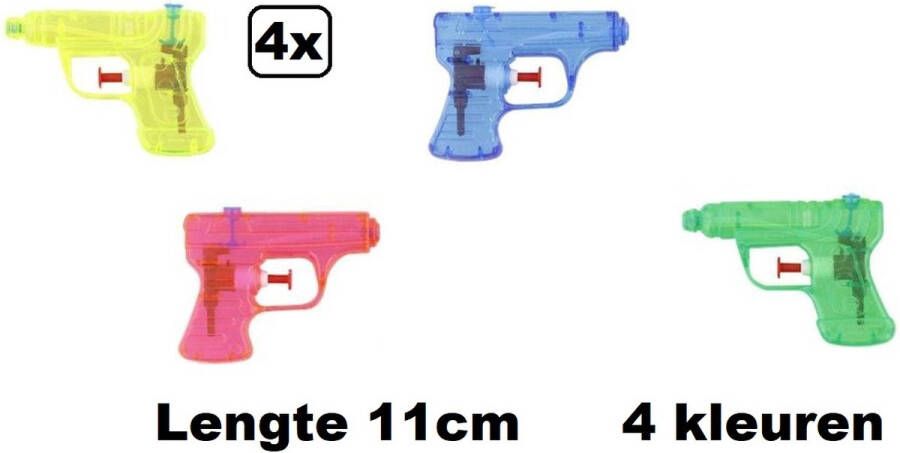 4x Waterpistooltjes 11cm 4 kleuren waterpistool zomer thema feest festival party zwembad bad themafeest