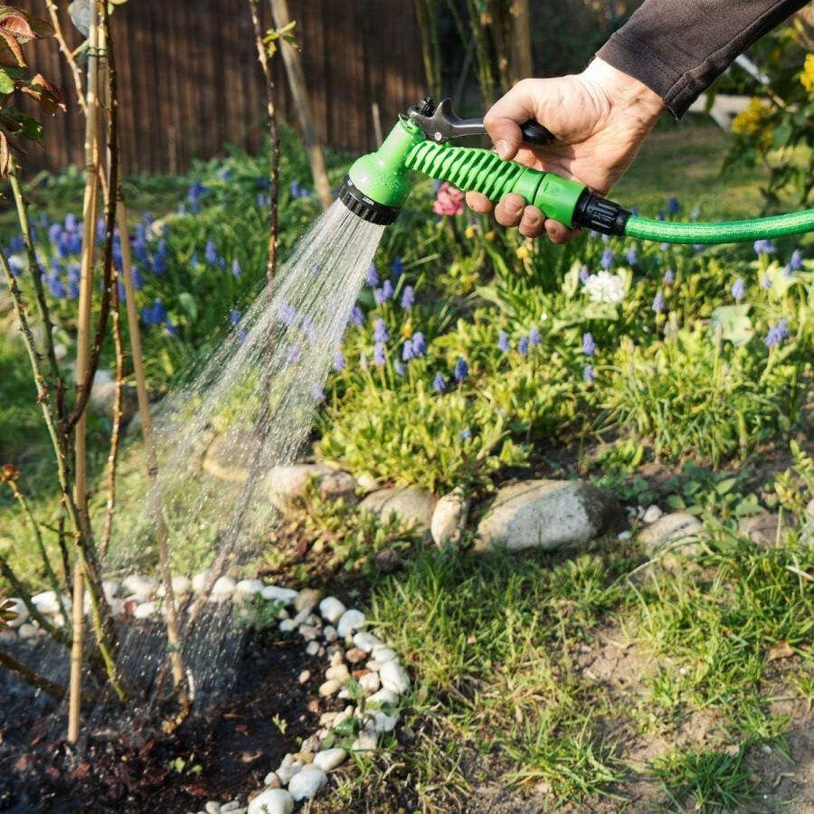 5-15 meter Rekbare flexibele tuinslang met sproeikop en kraanaansluiting Groen Tuinslang haspel