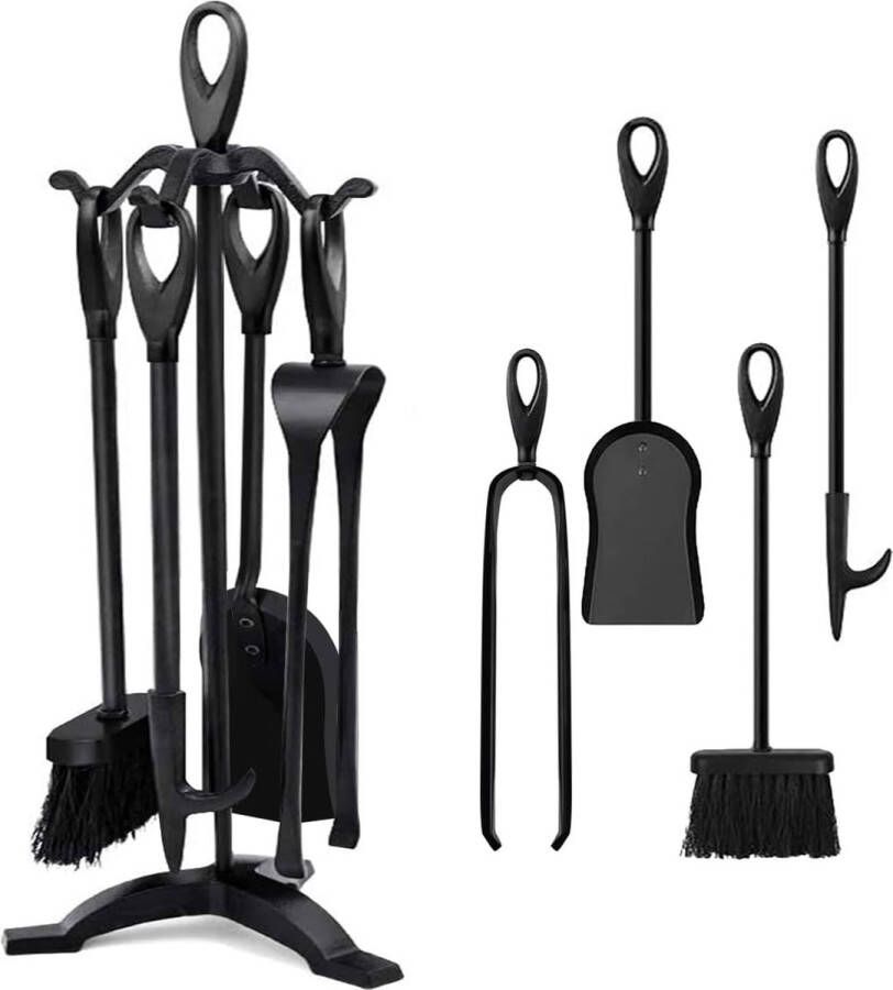 5-delig 64cm haardbestek sets smeedijzer en interieur haardaccessoires houthouder haardstandaard vuurtang schop antieke borstel schoorsteenpookhaak houtkachel (zwart)