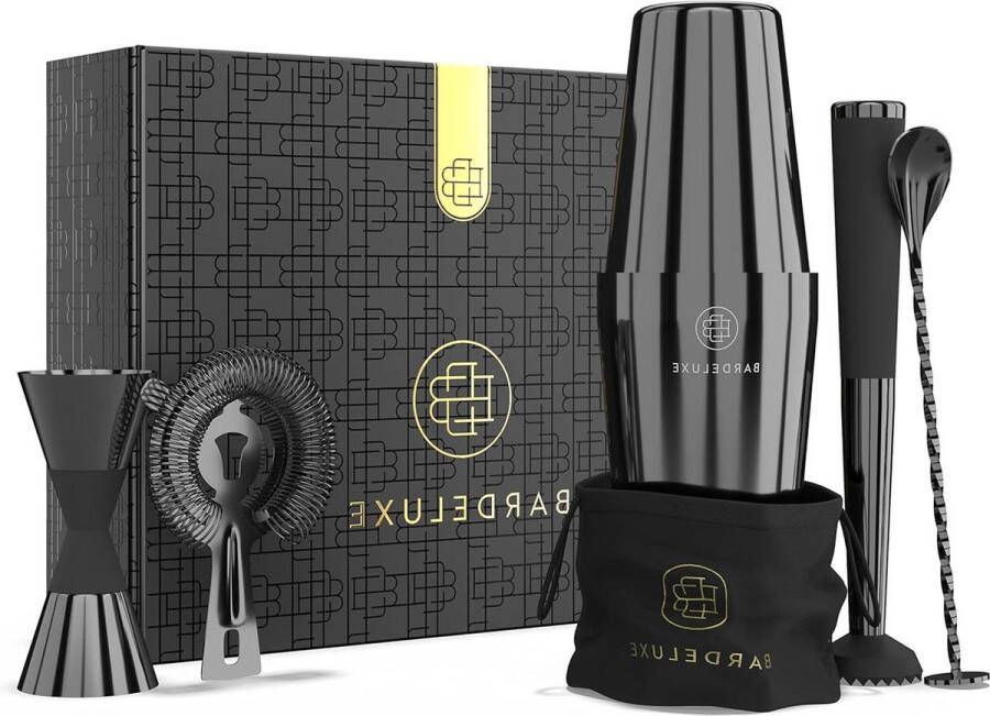 5-delige Boston Shaker Set voor cocktails 750 ml roestvrijstalen cocktailshaker luxe barkeeperset met cocktailaccessoires inclusief tas & receptenboek (zwart)