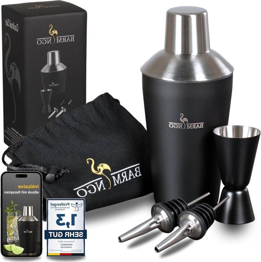 5-delige Cocktail Shaker Set 500 ml Shaker met Bar Accessoires Zwart & Zilver